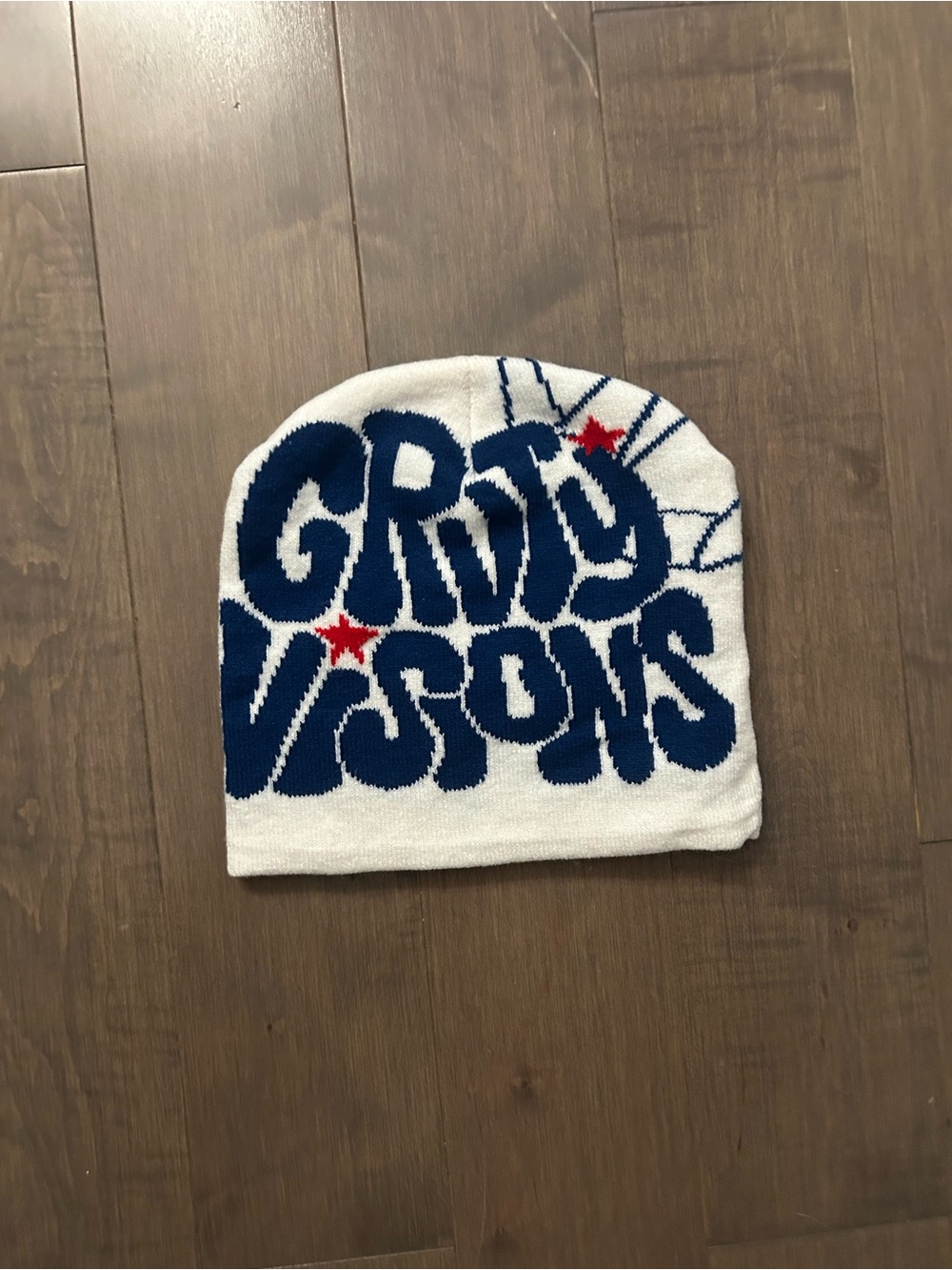 White and Navy Graphic Knit Beanie with Red Star Detail